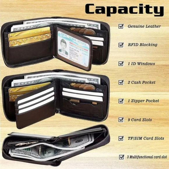 New Men's Genuine Leather Short Zip-around Bifold Wallet - Picture 4 of 7